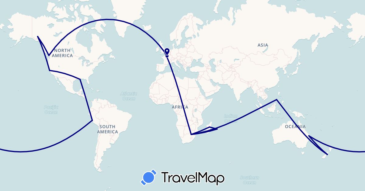 TravelMap itinerary: driving in Australia, Canada, France, United Kingdom, Madagascar, New Zealand, Peru, Philippines, Réunion, United States, South Africa (Africa, Asia, Europe, North America, Oceania, South America)